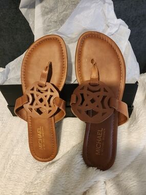 Michael Shannon Cognac Brown Leather Cutout Toe-Post Sandals